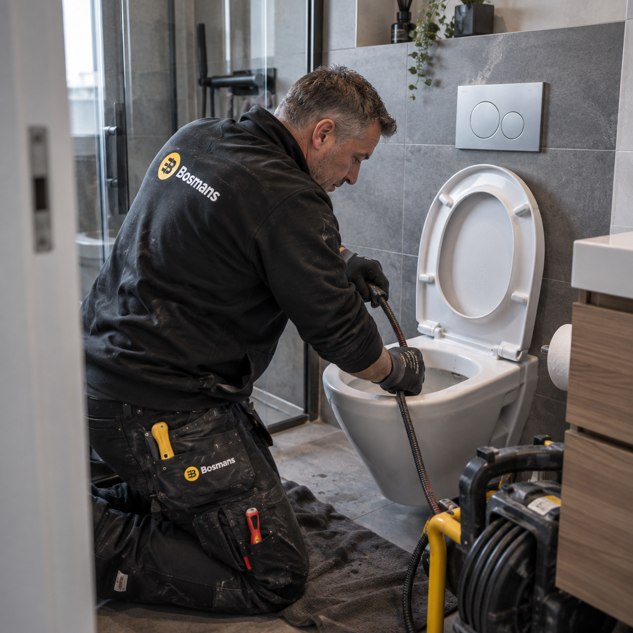 Monteur van Bosmans Loodgieters ontstopt een toilet met een veermachine