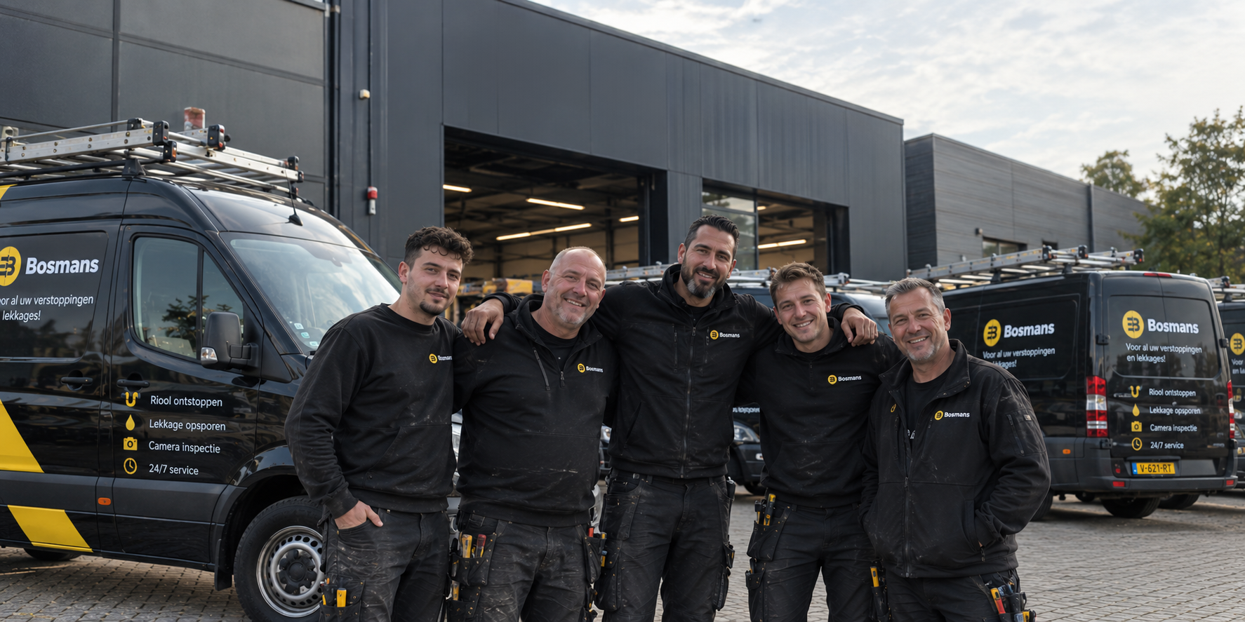 Team van Bosmans Loodgieters met servicebusjes voor het kantoor